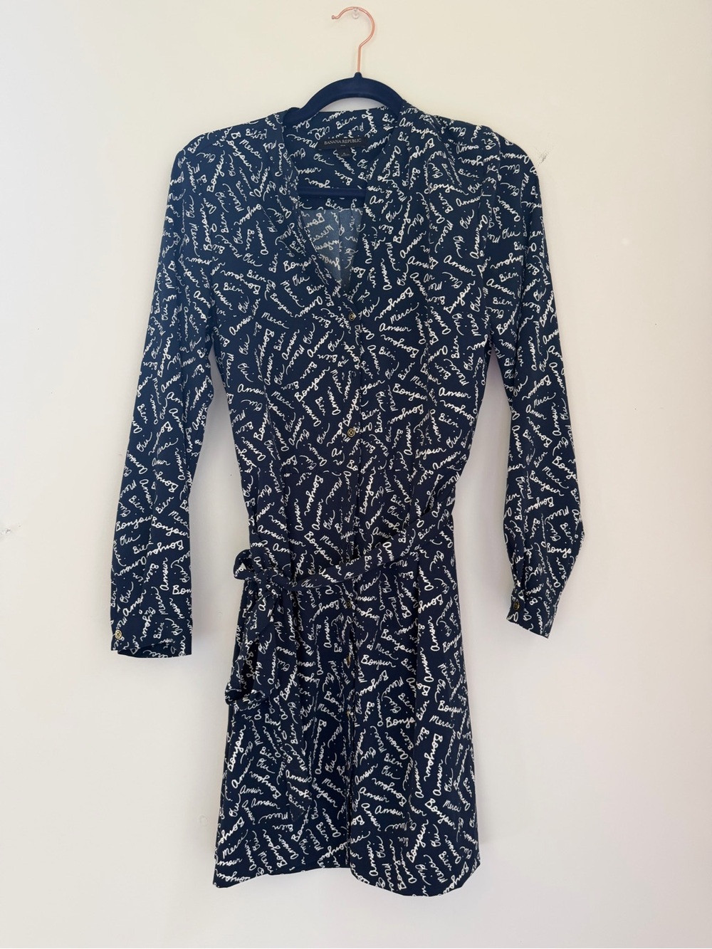 Banana Republic Navy and White Script-Print Wrap Dress
